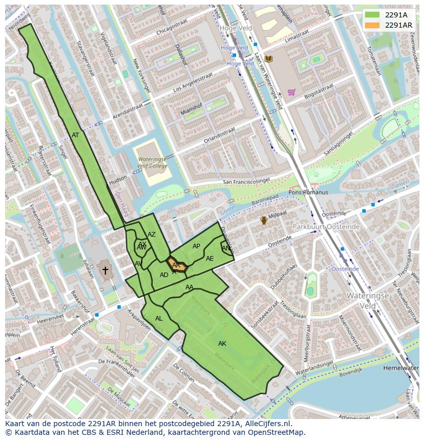 Afbeelding van het postcodegebied 2291 AR op de kaart.