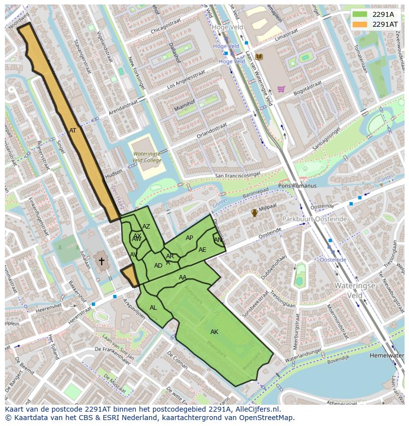Afbeelding van het postcodegebied 2291 AT op de kaart.