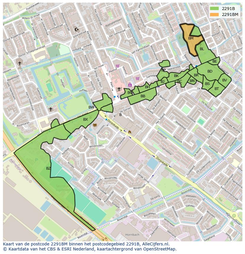Afbeelding van het postcodegebied 2291 BM op de kaart.