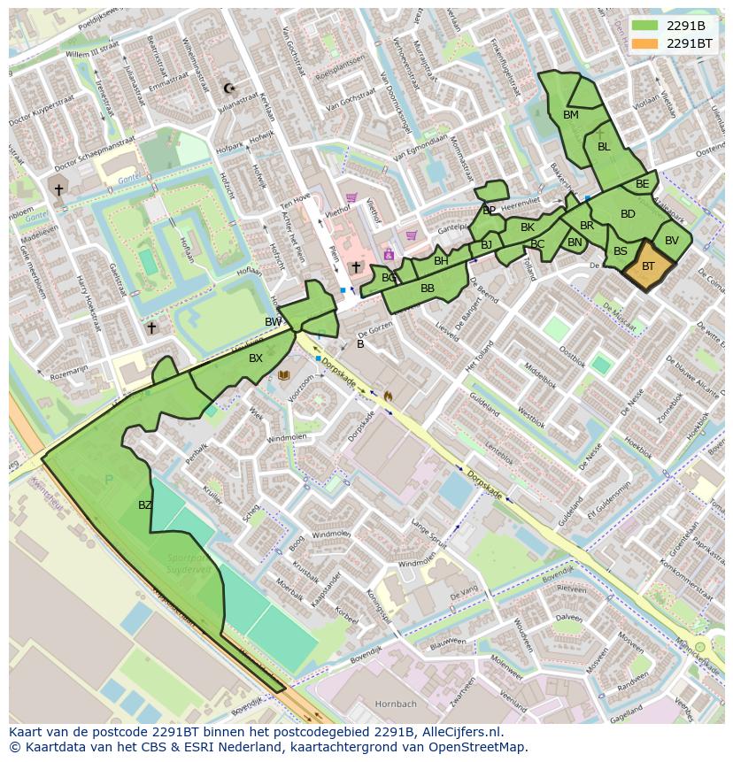 Afbeelding van het postcodegebied 2291 BT op de kaart.