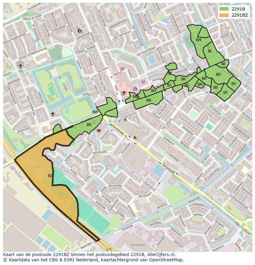Afbeelding van het postcodegebied 2291 BZ op de kaart.