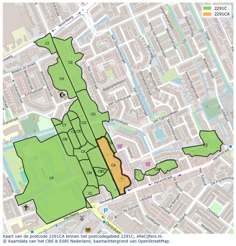 Afbeelding van het postcodegebied 2291 CA op de kaart.
