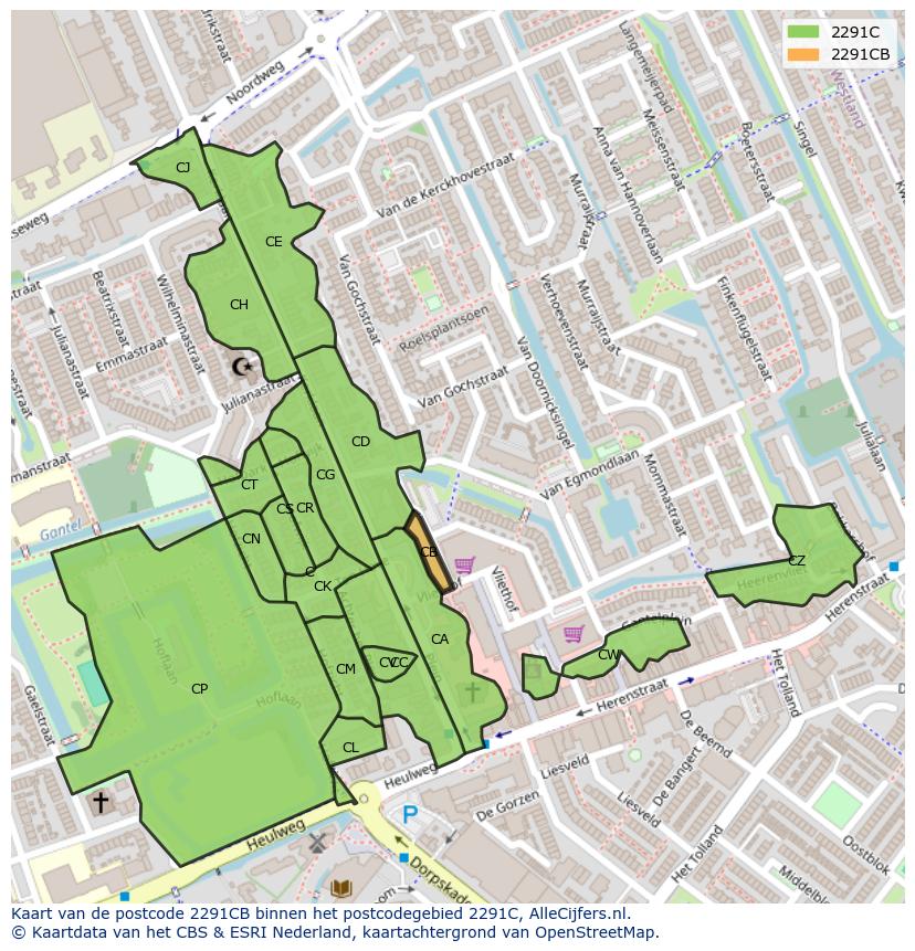 Afbeelding van het postcodegebied 2291 CB op de kaart.
