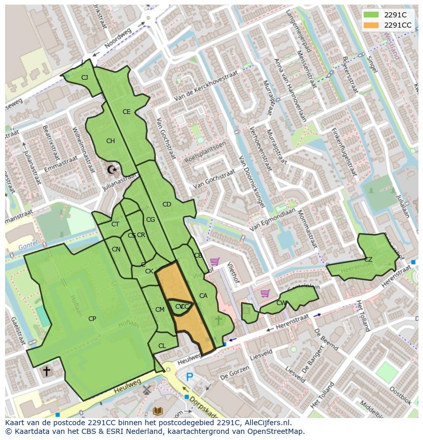 Afbeelding van het postcodegebied 2291 CC op de kaart.