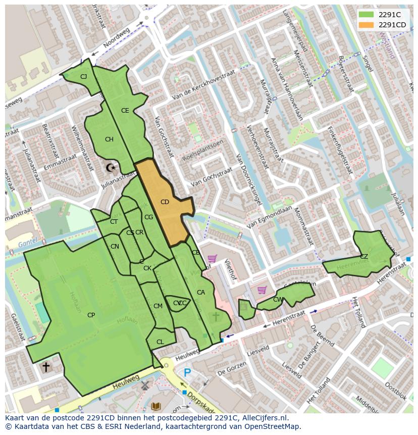 Afbeelding van het postcodegebied 2291 CD op de kaart.