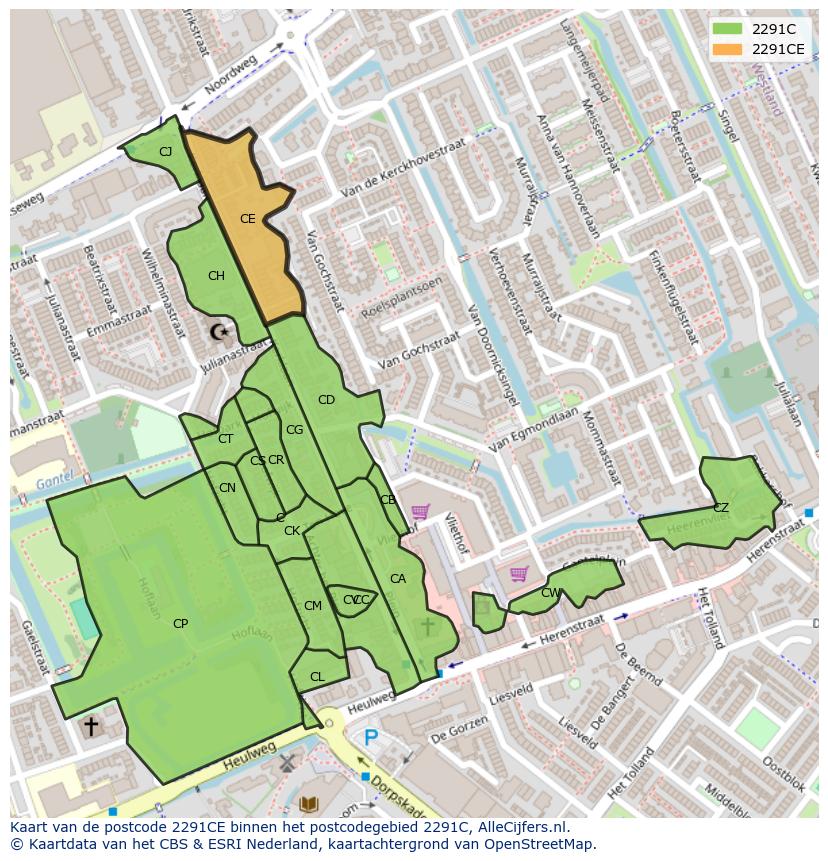 Afbeelding van het postcodegebied 2291 CE op de kaart.