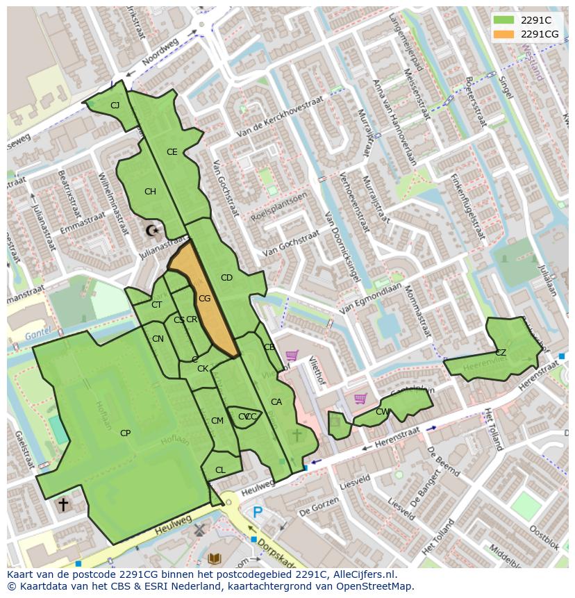 Afbeelding van het postcodegebied 2291 CG op de kaart.