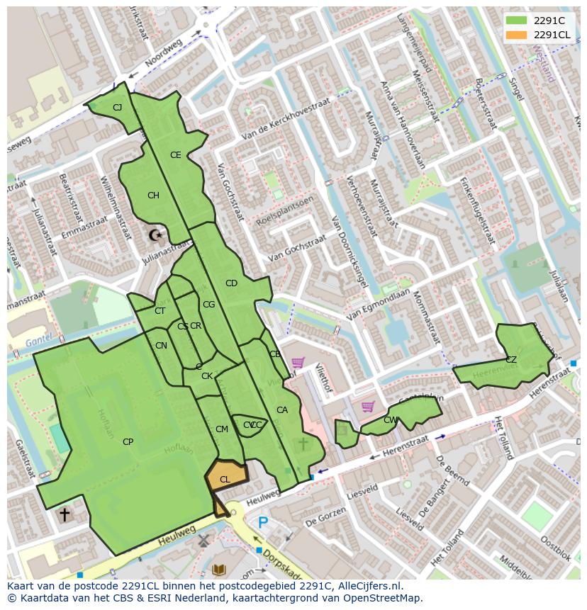 Afbeelding van het postcodegebied 2291 CL op de kaart.
