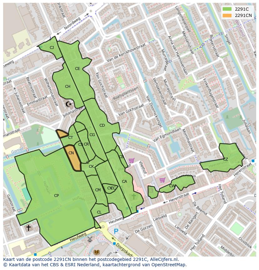 Afbeelding van het postcodegebied 2291 CN op de kaart.