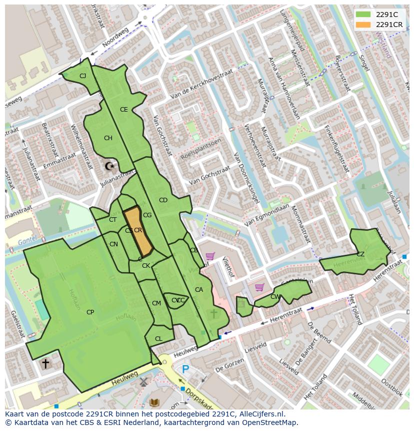 Afbeelding van het postcodegebied 2291 CR op de kaart.