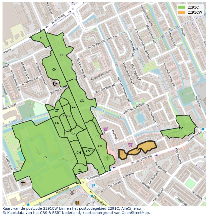 Afbeelding van het postcodegebied 2291 CW op de kaart.