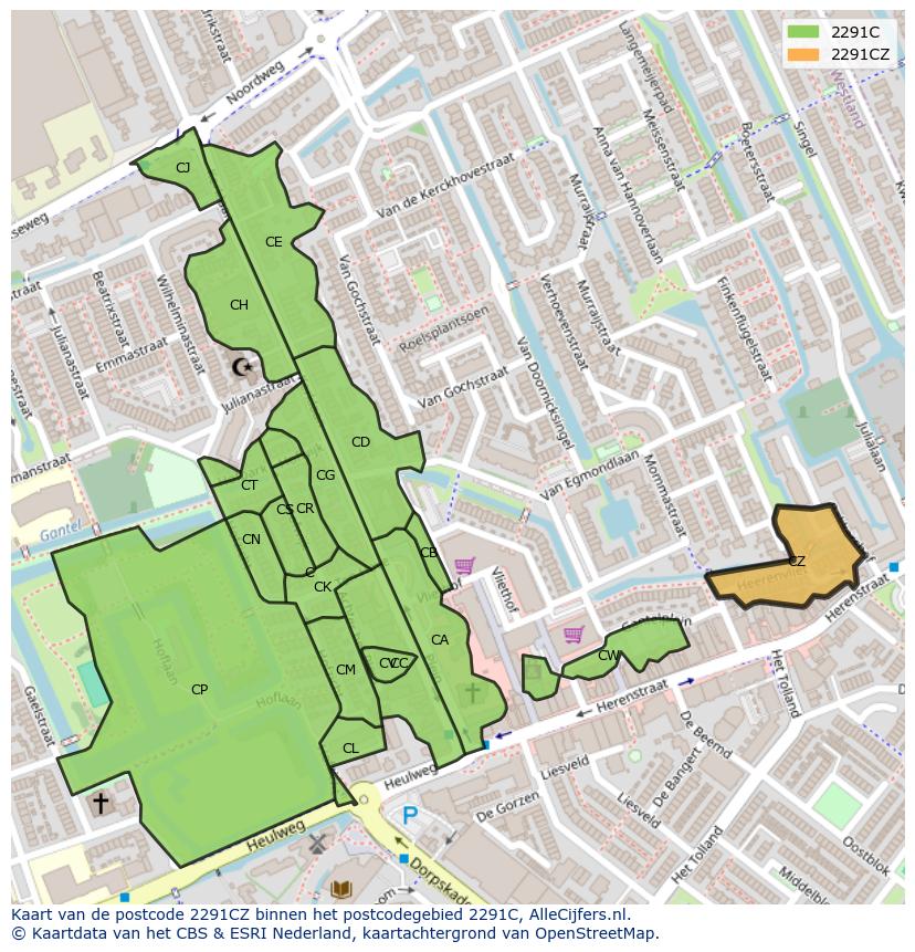 Afbeelding van het postcodegebied 2291 CZ op de kaart.