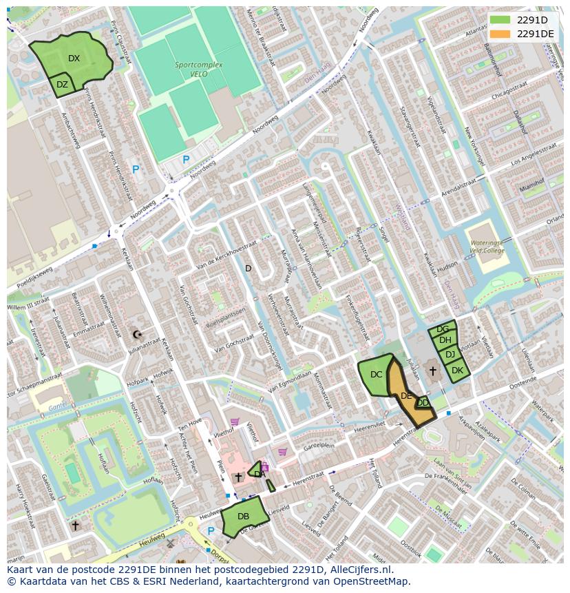Afbeelding van het postcodegebied 2291 DE op de kaart.