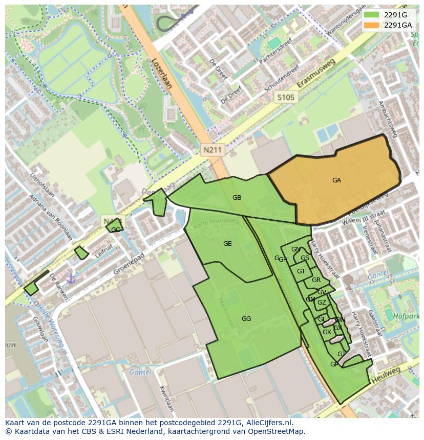 Afbeelding van het postcodegebied 2291 GA op de kaart.