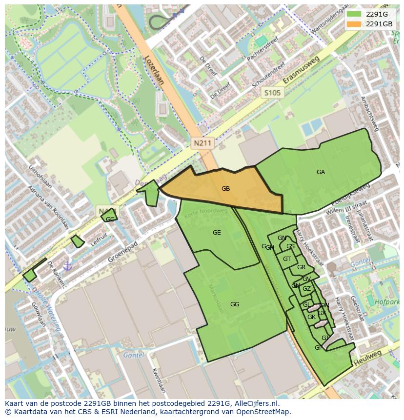 Afbeelding van het postcodegebied 2291 GB op de kaart.