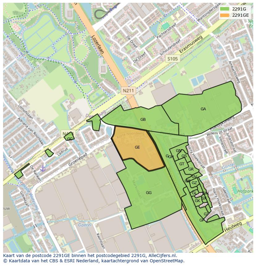 Afbeelding van het postcodegebied 2291 GE op de kaart.