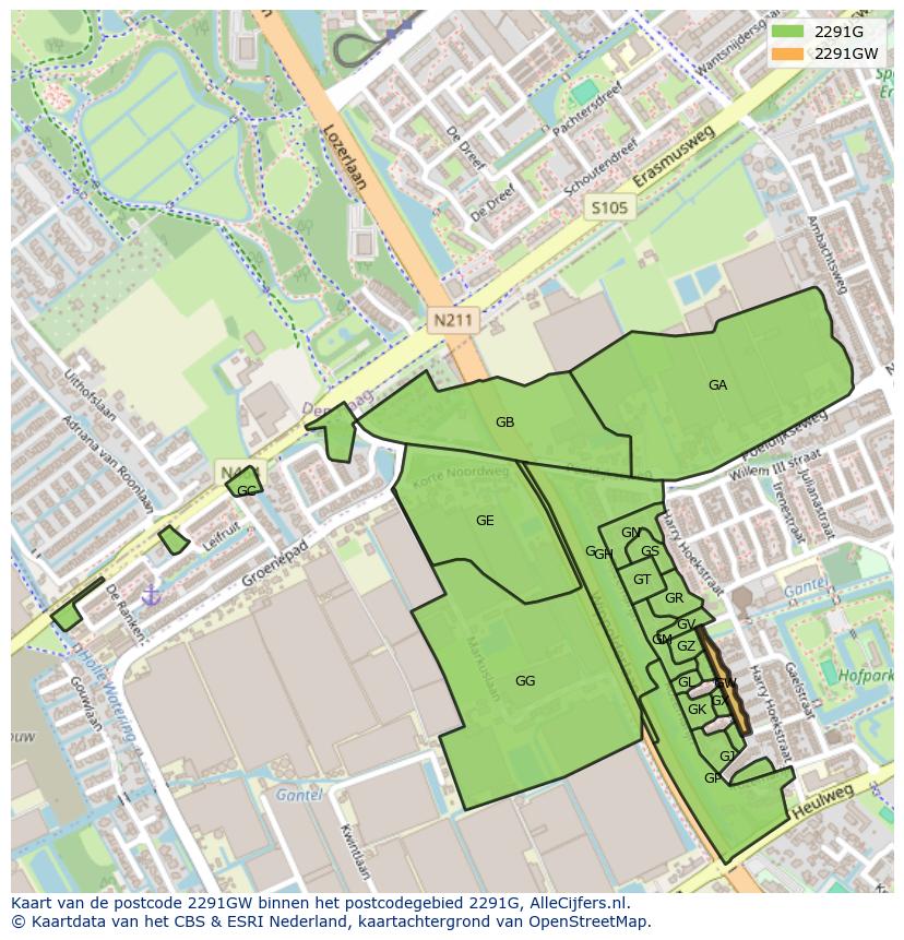 Afbeelding van het postcodegebied 2291 GW op de kaart.
