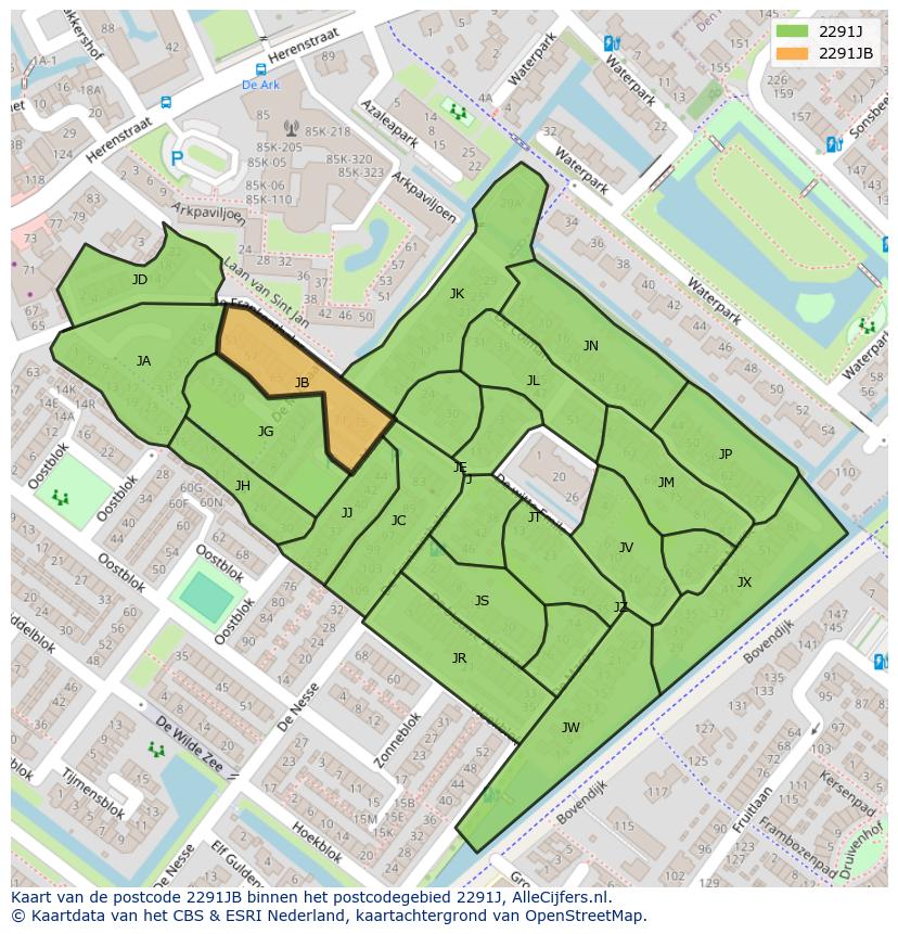 Afbeelding van het postcodegebied 2291 JB op de kaart.