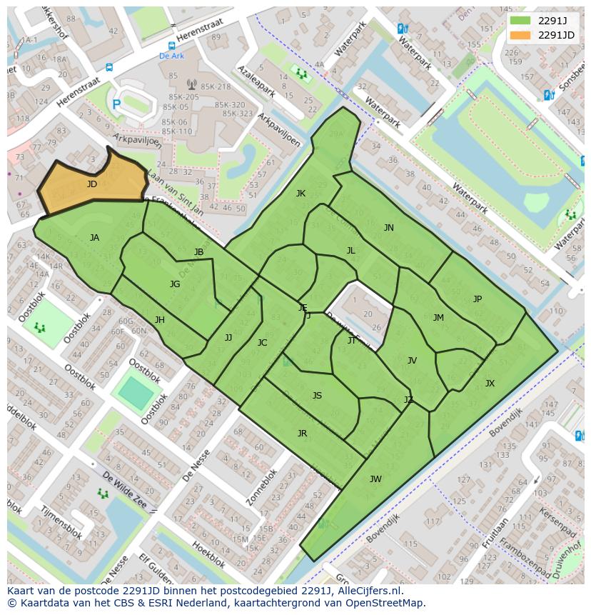Afbeelding van het postcodegebied 2291 JD op de kaart.