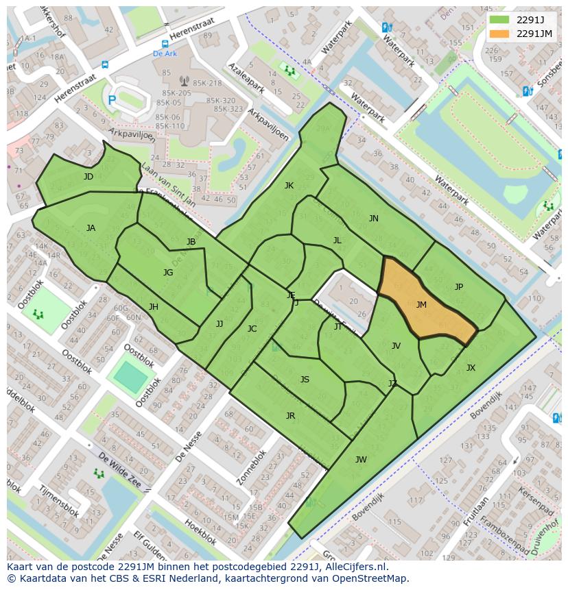Afbeelding van het postcodegebied 2291 JM op de kaart.