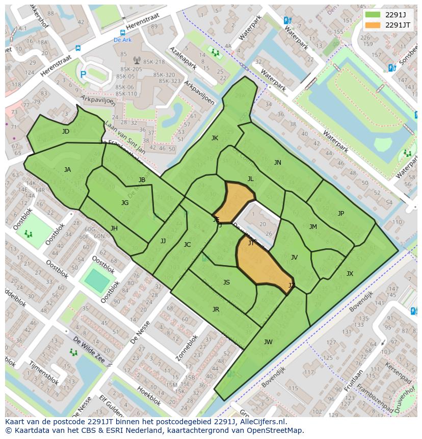 Afbeelding van het postcodegebied 2291 JT op de kaart.