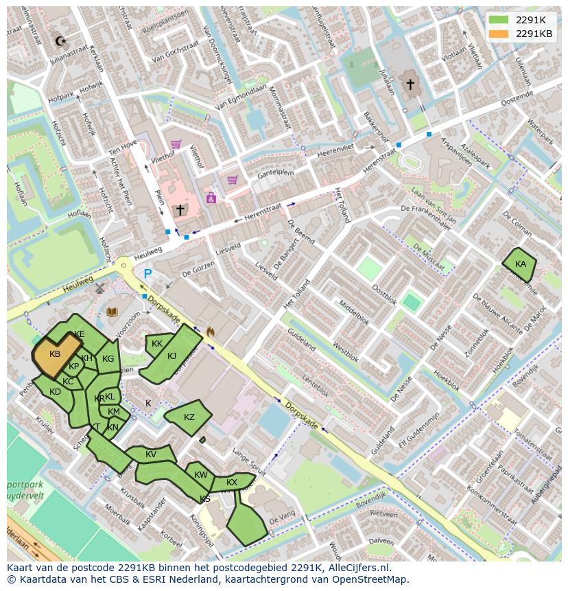 Afbeelding van het postcodegebied 2291 KB op de kaart.