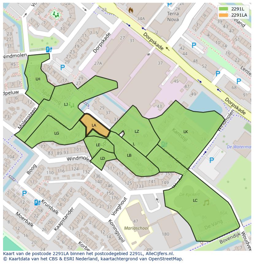 Afbeelding van het postcodegebied 2291 LA op de kaart.