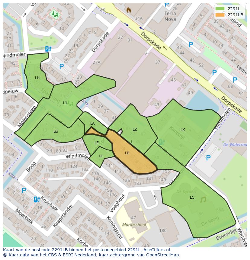 Afbeelding van het postcodegebied 2291 LB op de kaart.