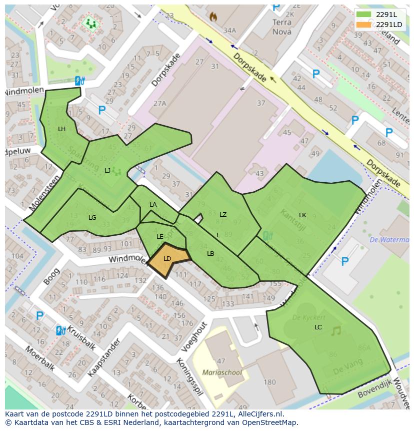Afbeelding van het postcodegebied 2291 LD op de kaart.