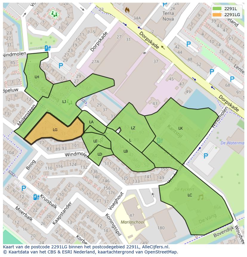 Afbeelding van het postcodegebied 2291 LG op de kaart.