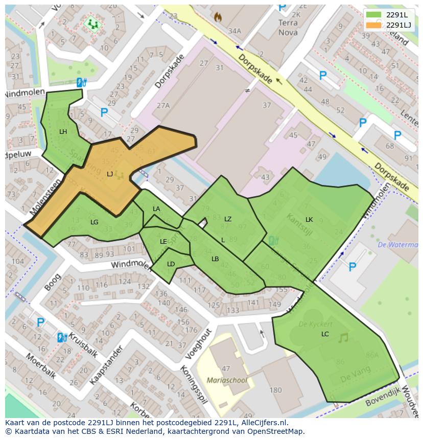 Afbeelding van het postcodegebied 2291 LJ op de kaart.