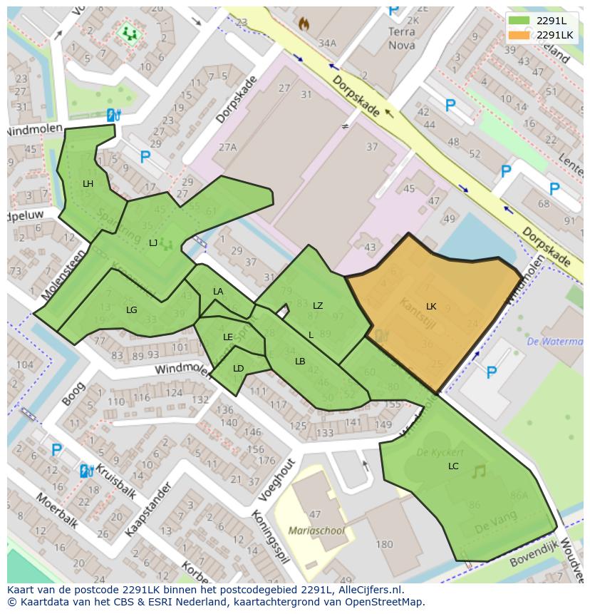 Afbeelding van het postcodegebied 2291 LK op de kaart.