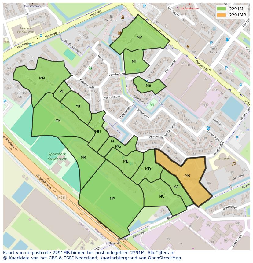 Afbeelding van het postcodegebied 2291 MB op de kaart.