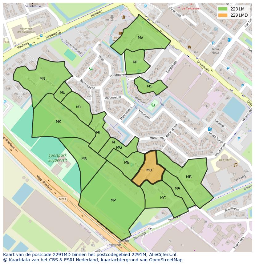 Afbeelding van het postcodegebied 2291 MD op de kaart.