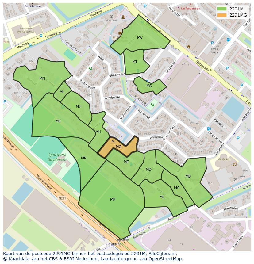 Afbeelding van het postcodegebied 2291 MG op de kaart.