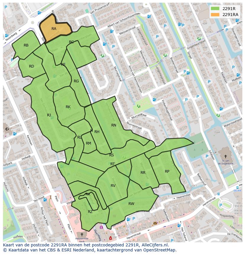 Afbeelding van het postcodegebied 2291 RA op de kaart.