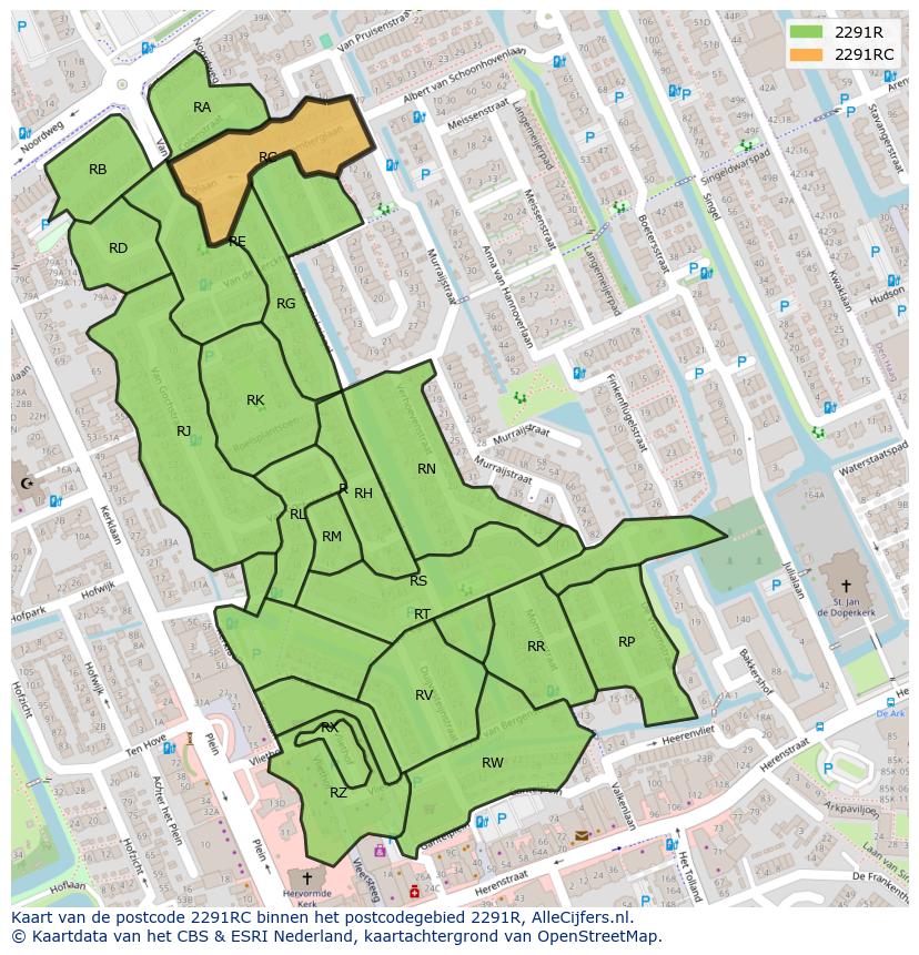 Afbeelding van het postcodegebied 2291 RC op de kaart.