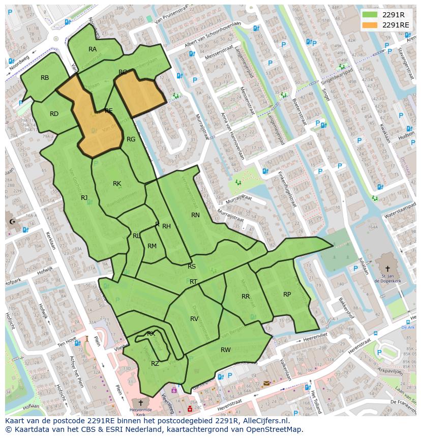Afbeelding van het postcodegebied 2291 RE op de kaart.