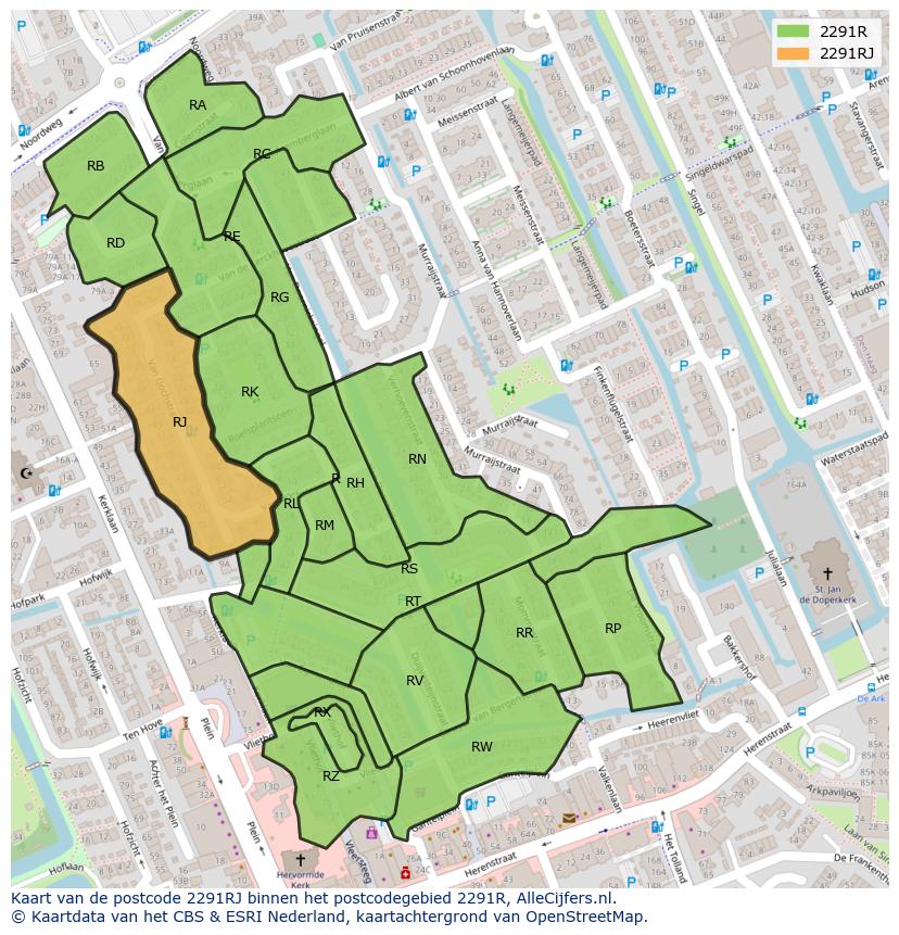 Afbeelding van het postcodegebied 2291 RJ op de kaart.