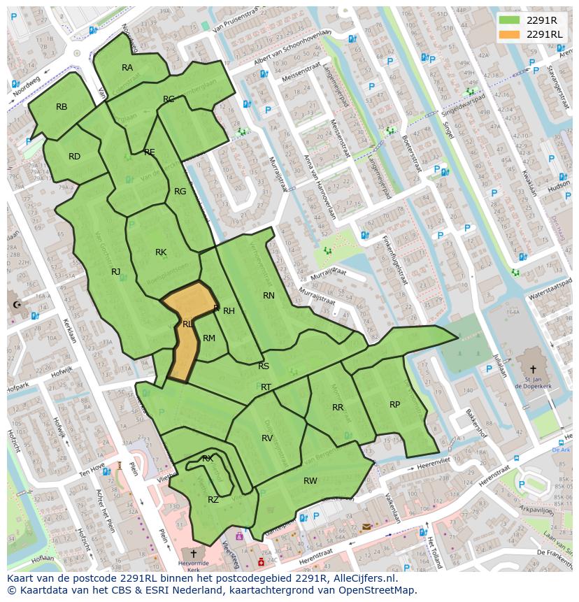 Afbeelding van het postcodegebied 2291 RL op de kaart.