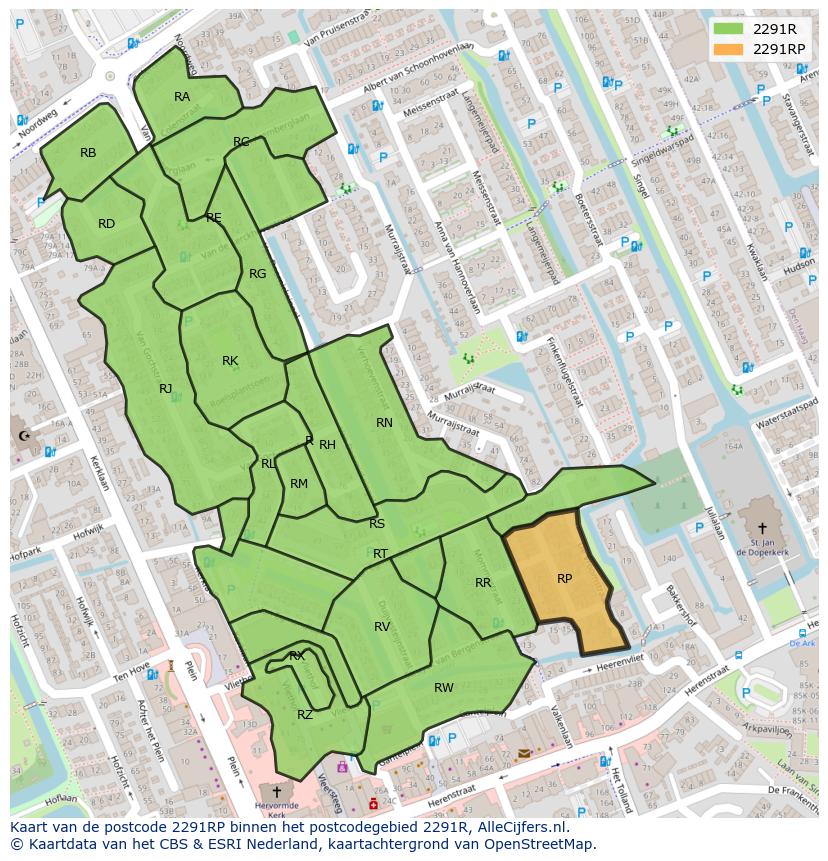 Afbeelding van het postcodegebied 2291 RP op de kaart.