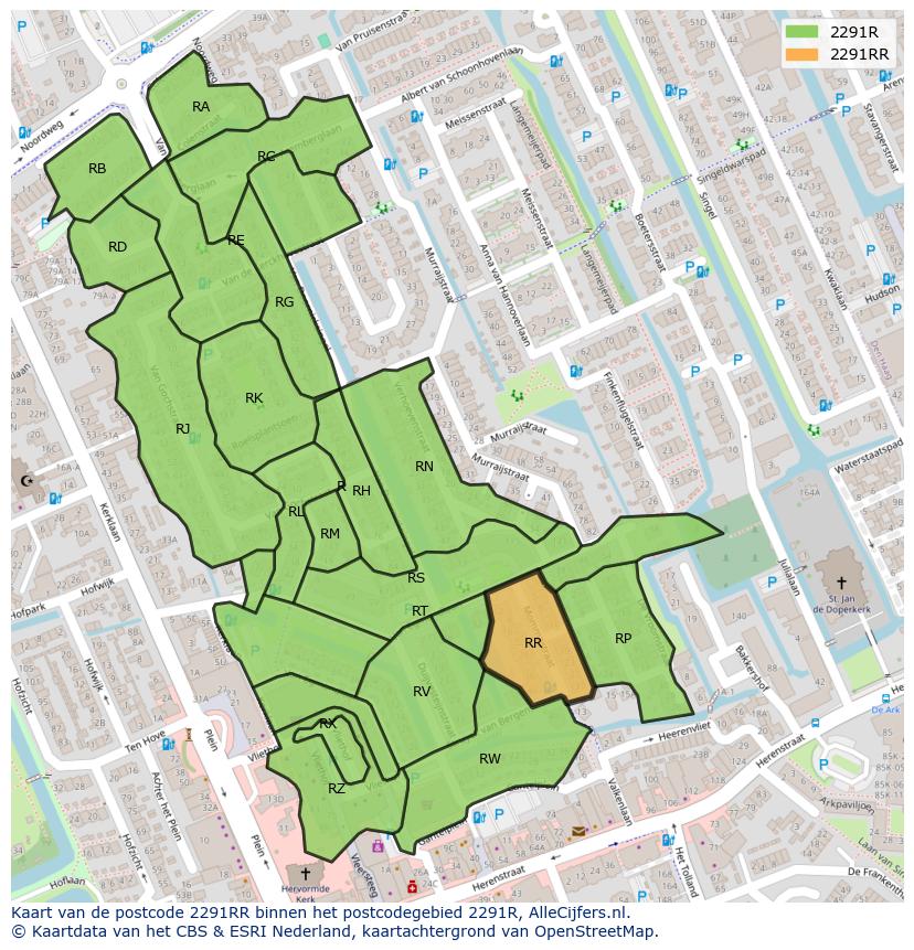 Afbeelding van het postcodegebied 2291 RR op de kaart.