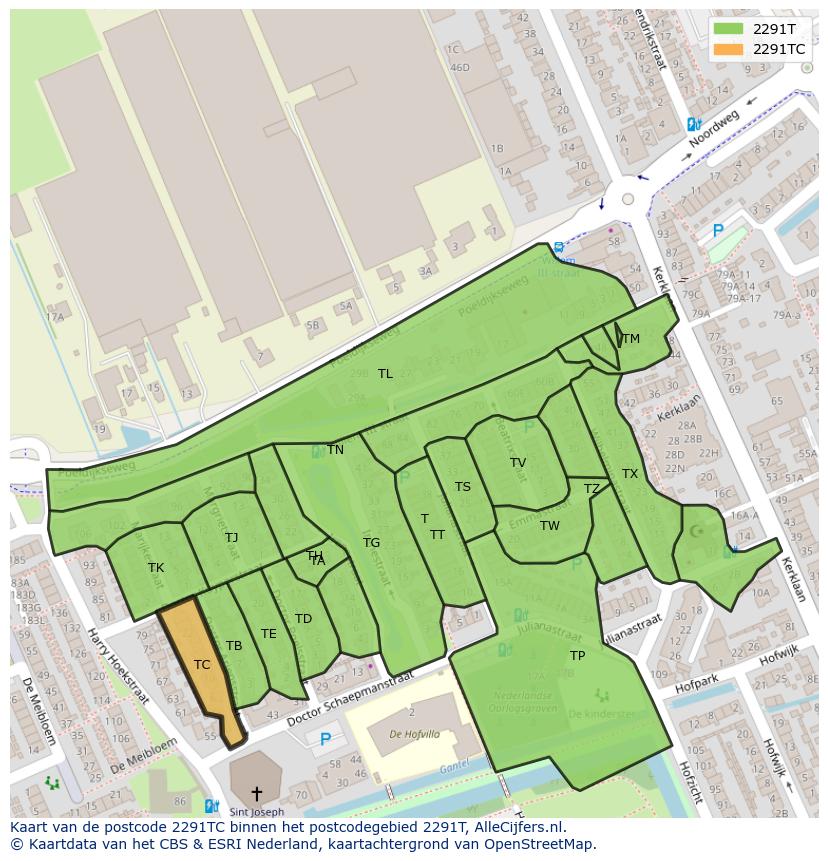 Afbeelding van het postcodegebied 2291 TC op de kaart.