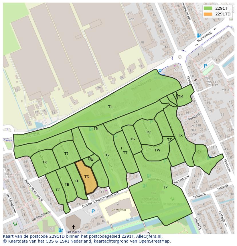 Afbeelding van het postcodegebied 2291 TD op de kaart.