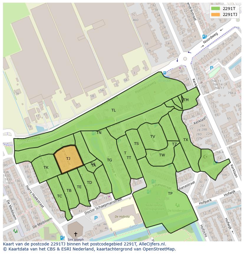 Afbeelding van het postcodegebied 2291 TJ op de kaart.