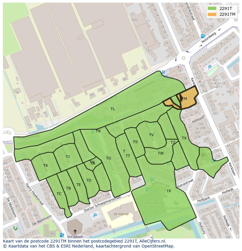 Afbeelding van het postcodegebied 2291 TM op de kaart.