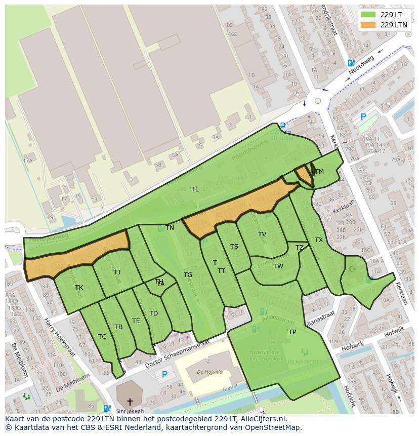 Afbeelding van het postcodegebied 2291 TN op de kaart.
