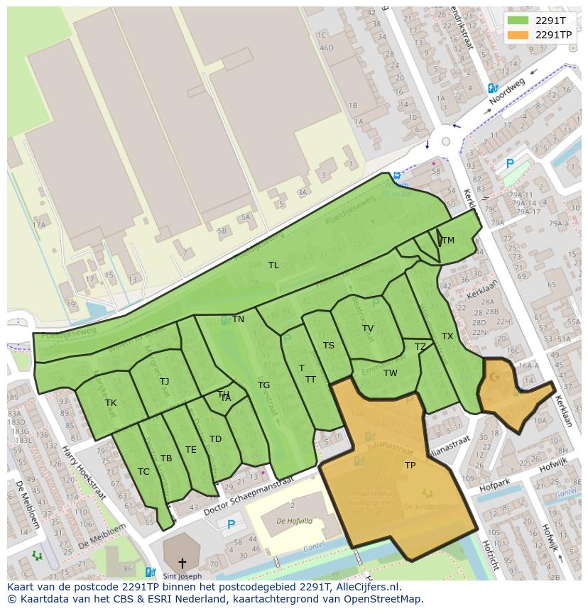 Afbeelding van het postcodegebied 2291 TP op de kaart.