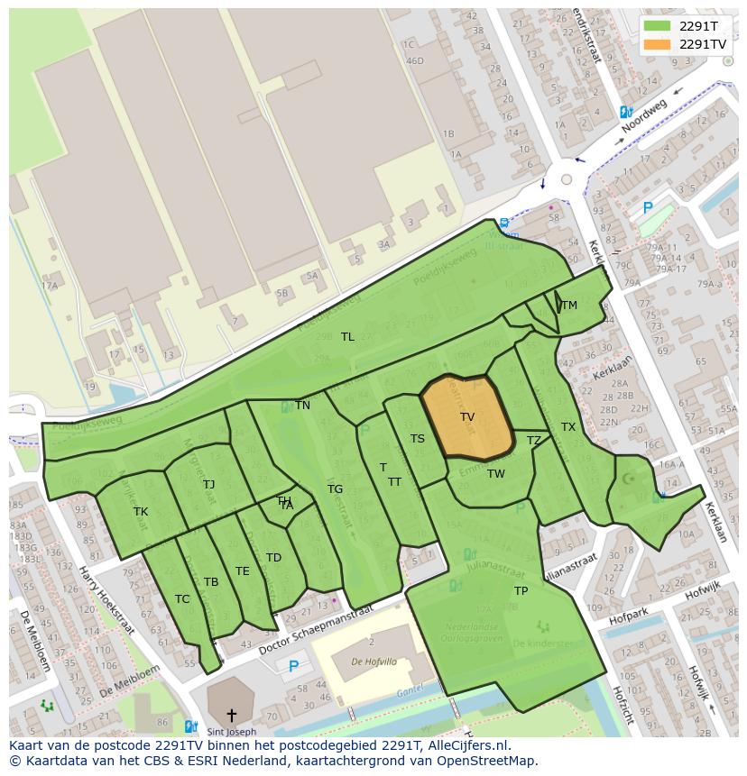 Afbeelding van het postcodegebied 2291 TV op de kaart.