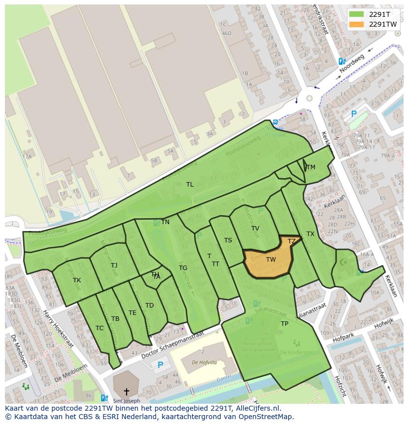 Afbeelding van het postcodegebied 2291 TW op de kaart.